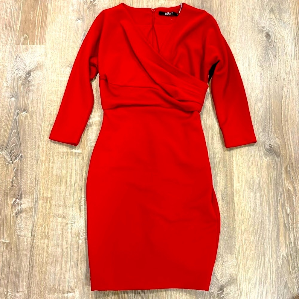 Badgley Mischka Red Textured Cross Over Wrap Dress